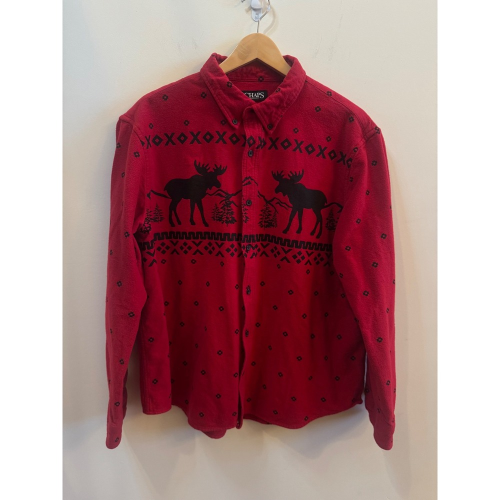 Chaps Mens XXL Red Flannel Button Down Shirt Moose Graphic Cotton 750766426001
